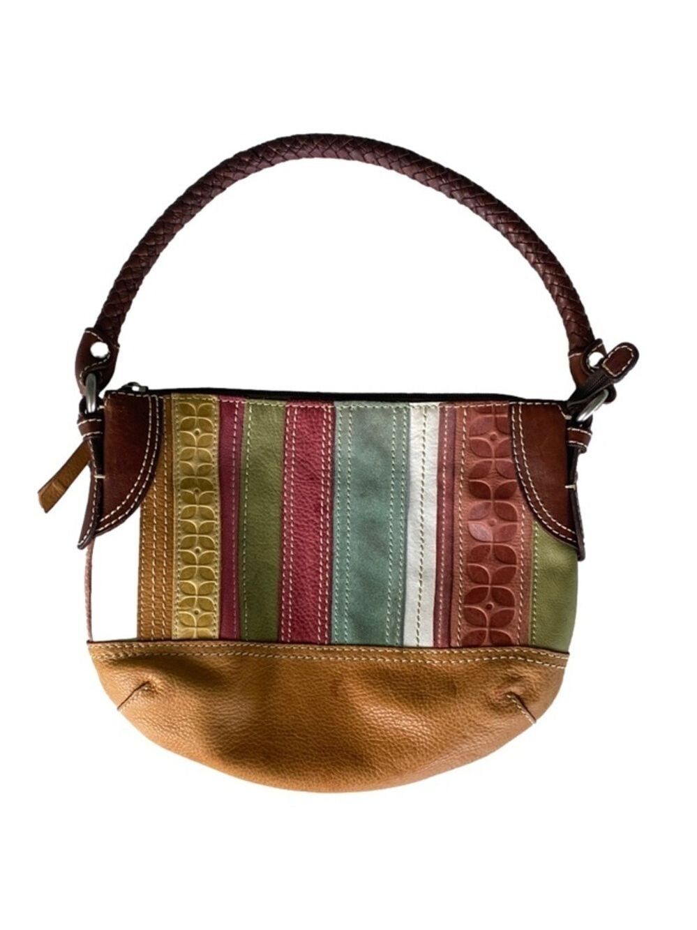 Fossil Handbag Leather Patchwork Zip Closure Interior Pockets Fall Colors